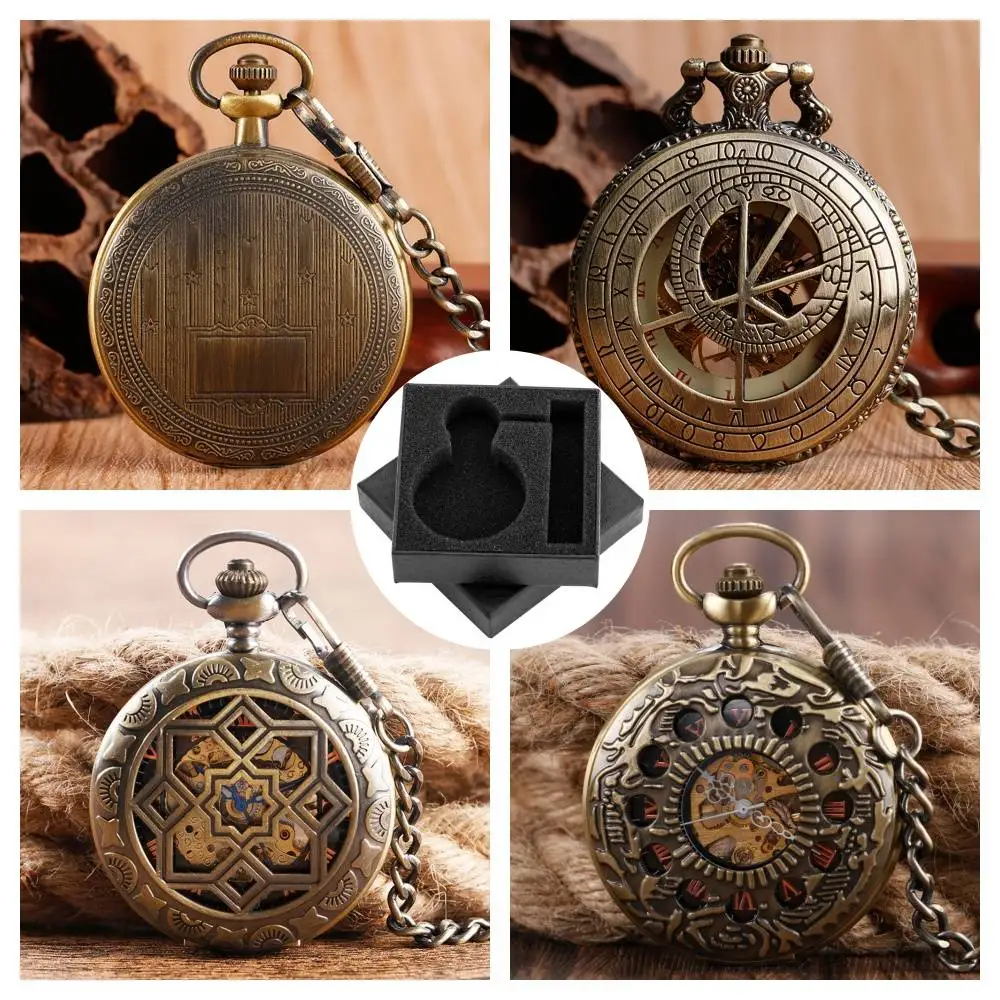 Vintage Bronze Mechanical Hand Winding Pocket Watch for Men Retro Roman Numerals Dial Fob Chain Pendant Clock Gift