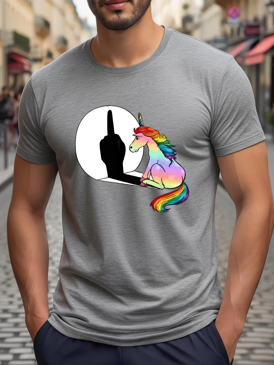 White Short Sleeve T-Shirt with Rainbow Unicorn and Middle Finger Graphic Print Casual Men's Tee