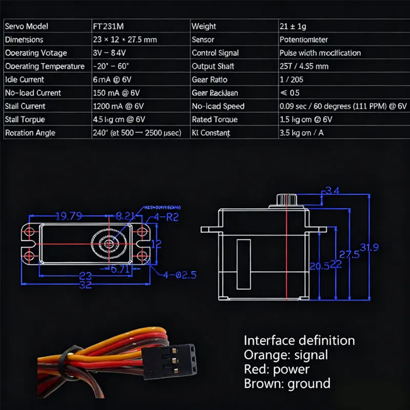 FT2331M Micro Digital Servo 4.5KG High Torque Full Metal Gear Coreless Motor 240 Degree for Aircraft Model Robotic Arm DIY