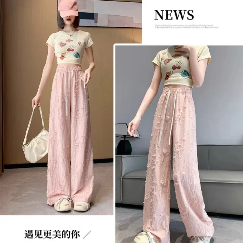 

Women Elastic Waist Pleated Loose Pockets Wide Leg Pant Summer New Drawstring Casual Fashion High Waist Straight Pants Trend