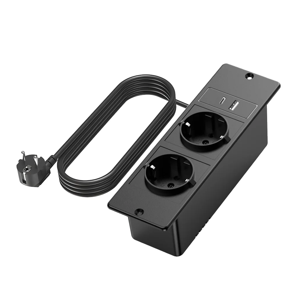 Black EU Power Strip Wall Mounted 2 AC Outlets 2 USB Ports Surge Protector Charging Station Multi Plug Power Strip Home Office