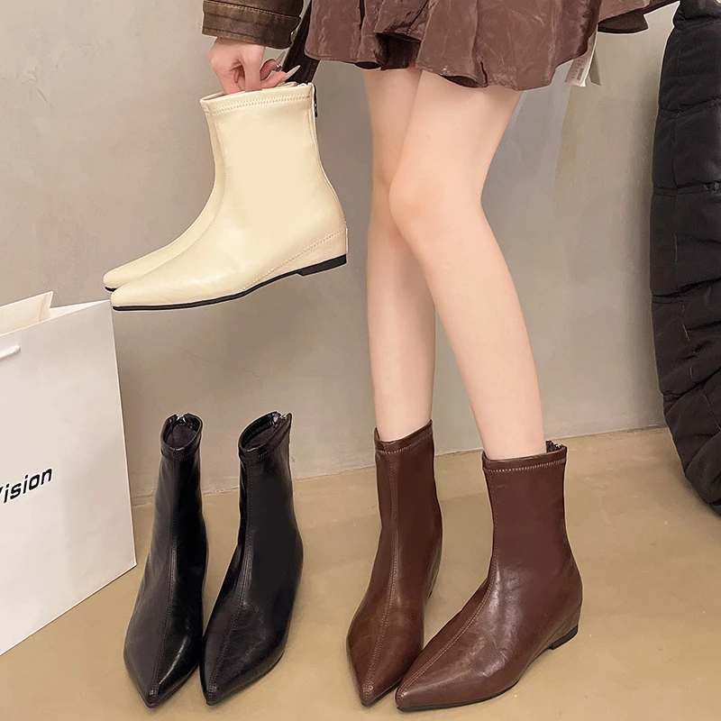 

Ladies Boots 2025 New Winter Fashion, Leisure, Comfort, Low Heel, Short Pointed Tube and Pu Rear Zipper Fashion Boots Plus Size