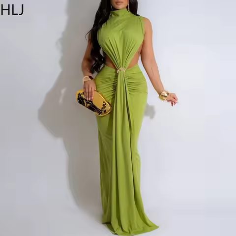 HLJ Elegant Long Maxi Dress Womens Turtleneck Ruched Side Hollow Bodycon Evening Party Dress Female Formal Solid color Vestidos
