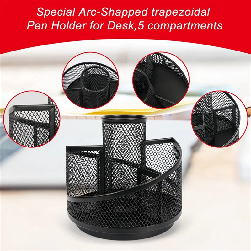 ที่วางปากกาสําหรับโต๊ะ,ตาข่ายจัดโต๊ะ,การหมุน 360 องศาหมุนโลหะสีดําตาข่ายสก์ท็อปออแกไนเซอร์, 5 ช่อง