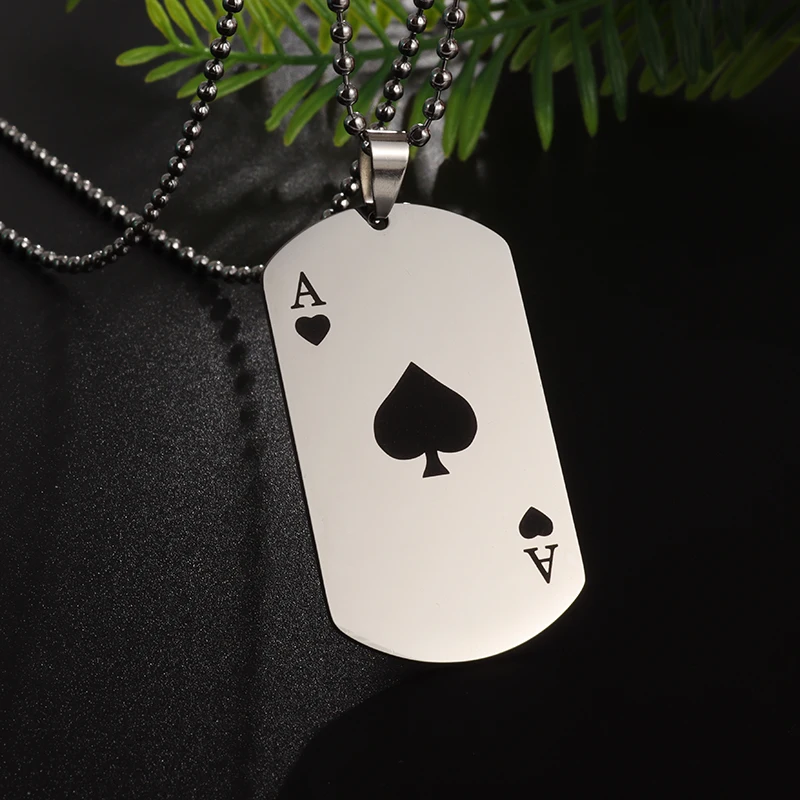 Classic Square Tag Ace of Spades Stainless Steel Pendant Necklace for Men and Women Couples Jewelry