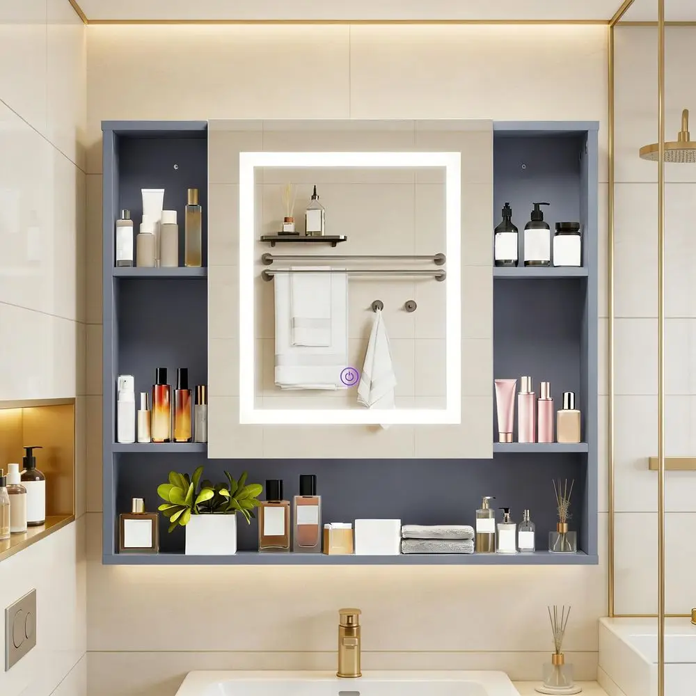 Espejo para Baño con Luz LED y 3 Temperaturas de Color, Estantes Ajustables, Gabinete para Baño, Botiquín