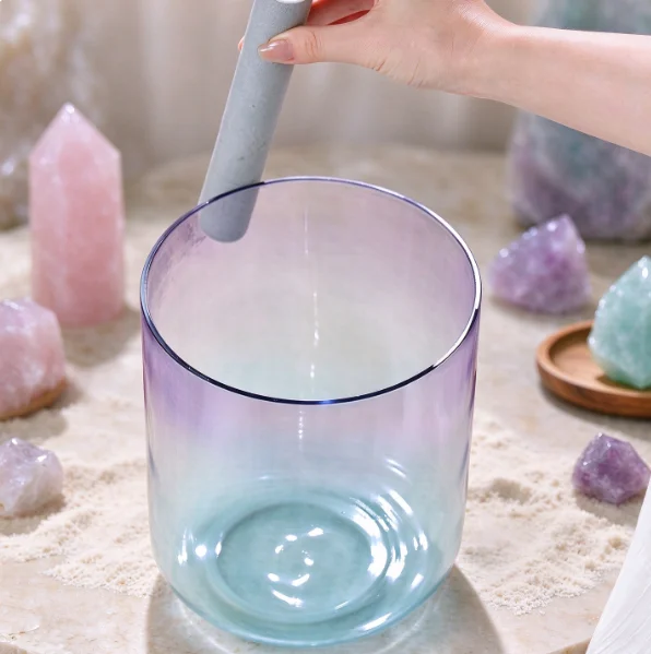 7 Inch Sea And Lavender Colored Alchemy Clear Quartz Crystal Singing Bowl for Therapy and Sound Healing with Mallet