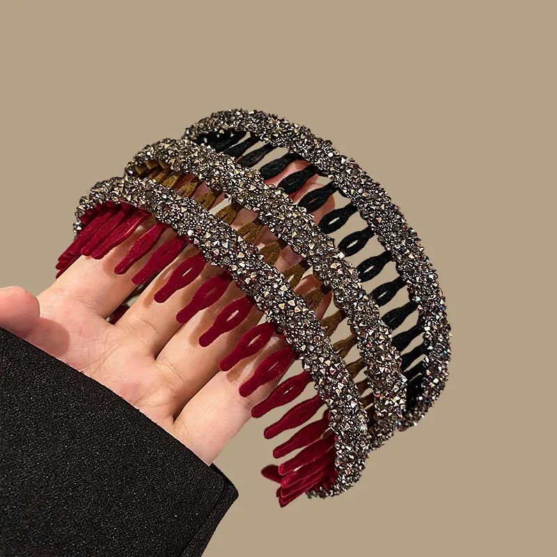3pcs Fashion Rhinestone Flocking Bezel Hair Hoops for Women Ladies Solid Color Toothed Non-Slip Headband Hair Band Accessories