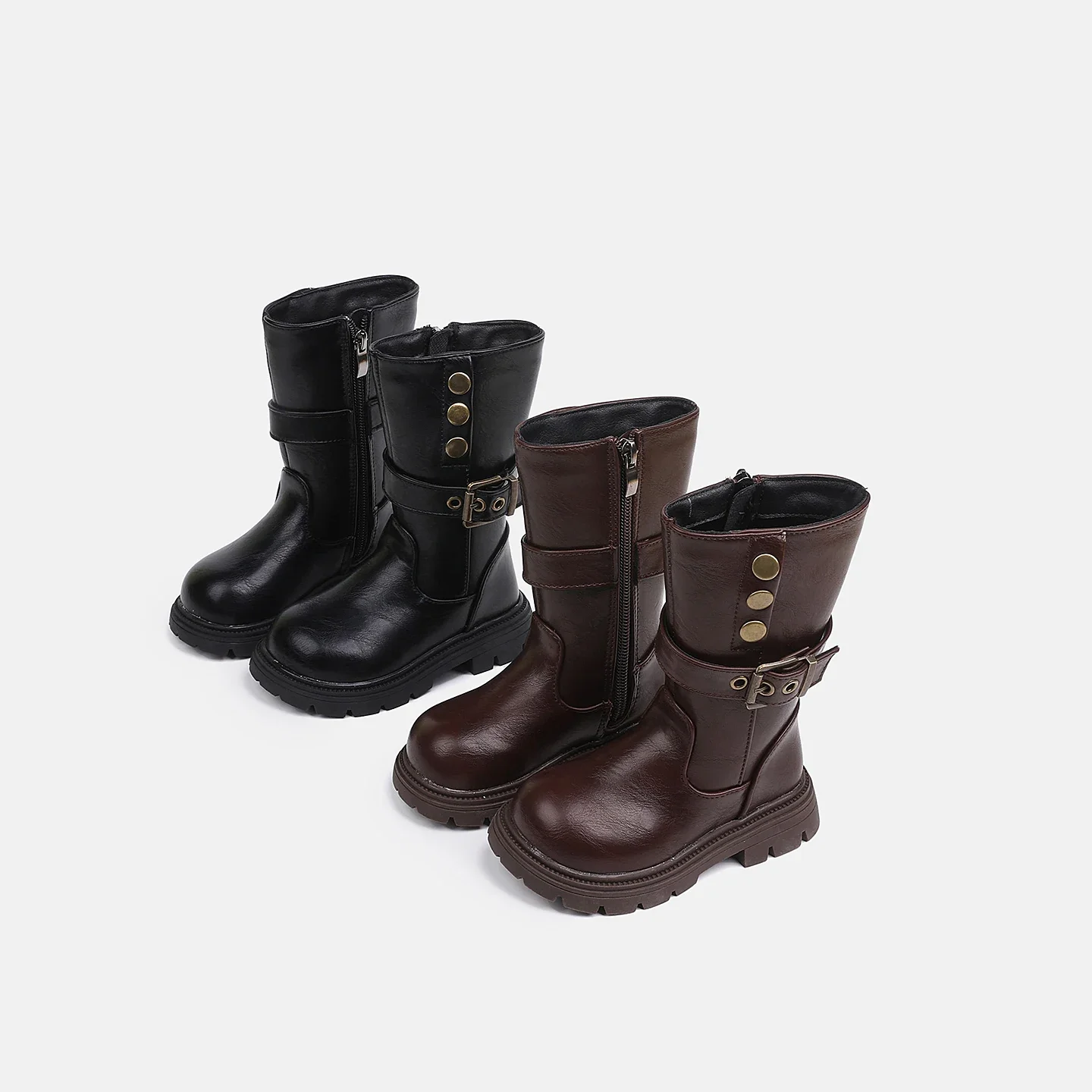 Four-season girls' retro mid-calf boots, with metal clasps and side zippers. Anti-slip outdoor cool and retro motorcycle boots.