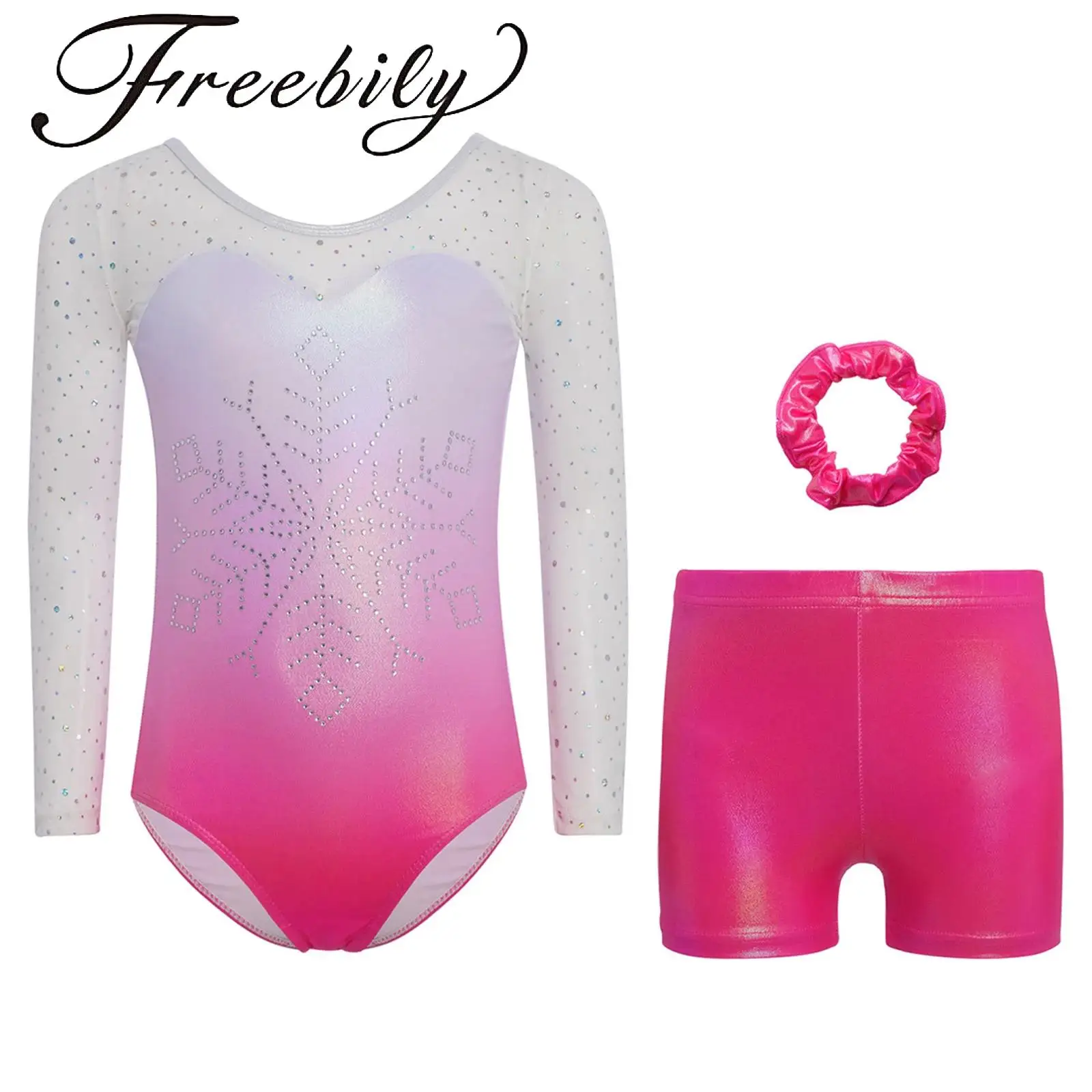 

Детский гимнастический костюм для девочек: блестящий металлический купальник из сетки с блестками и стразами в виде снежинок, с шортами и головным убором