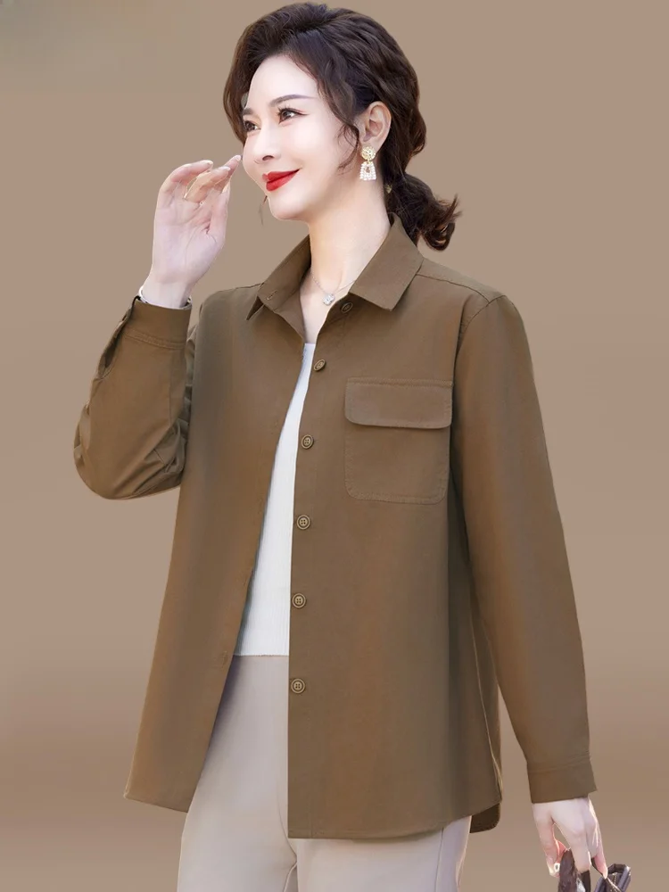 

Spring New Red Casual Long Sve irt for Middle-Aged And ly Women Korean Sle Loose Fit Polyester Fiber Outerwear