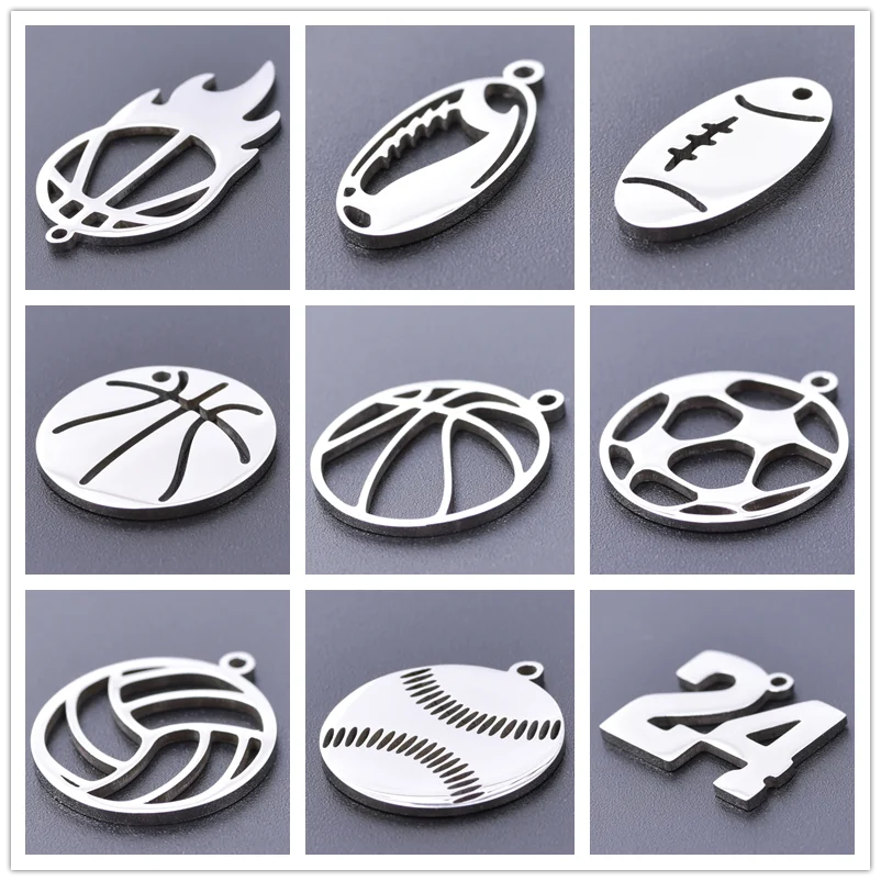 6pcs Sports Charm Basketball Football Rugby Stainless Steel Charms For Jewelry Making Supplies No Fade DIY Pendants Accessories