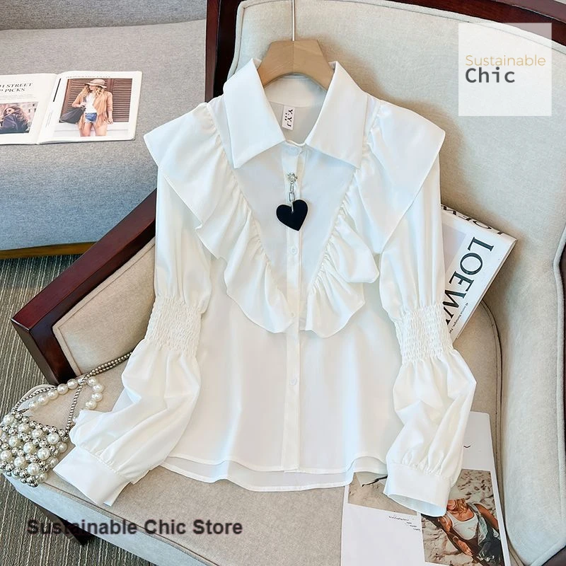 

French ruffled long-sleeved shirt women's spring and autumn new plus-size slim western-style age-reducing lantern sleeve top