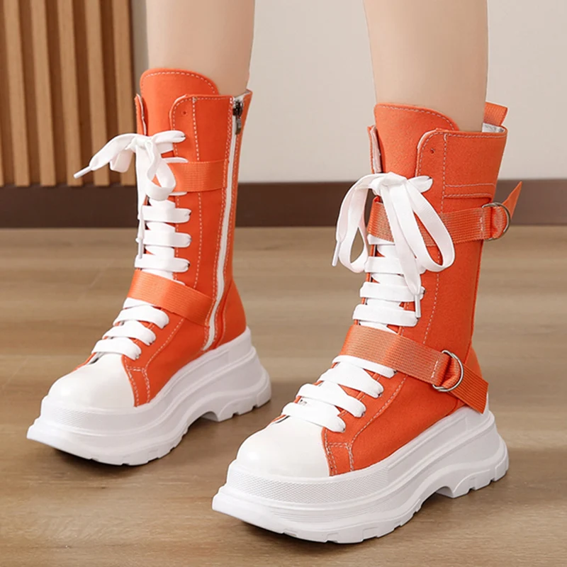 Rimocy Orange Canvas Mid Calf Boots Women 2022 Autumn Lace Up Chunky Platform Boots Woman Thick Bottom Motorcycle Boots Female