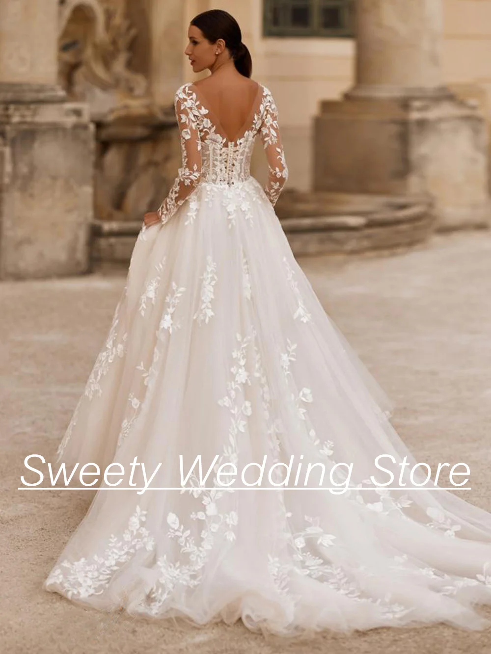 فستان زفاف للمرأة العروس مخصص كم طويل رقبة سكوب زين سويب تراين الوهم فستان زفاف Vestidos De Novia