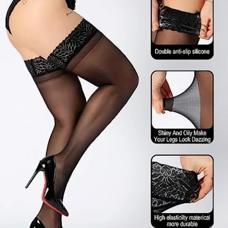 Plus Size High Elastic Stockings for Women Sexy Lace Thigh Sock Anti-slip Pantyhose Top Over Knee Ultra-thin Long Socks