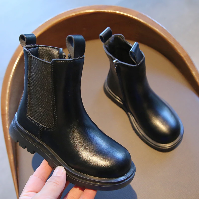 Children Chelsea Boots for Boys Girls Fashion Classic Side Zipper Ankle Short Boots Black Beige Kids Autumn Winter Warm Shoes