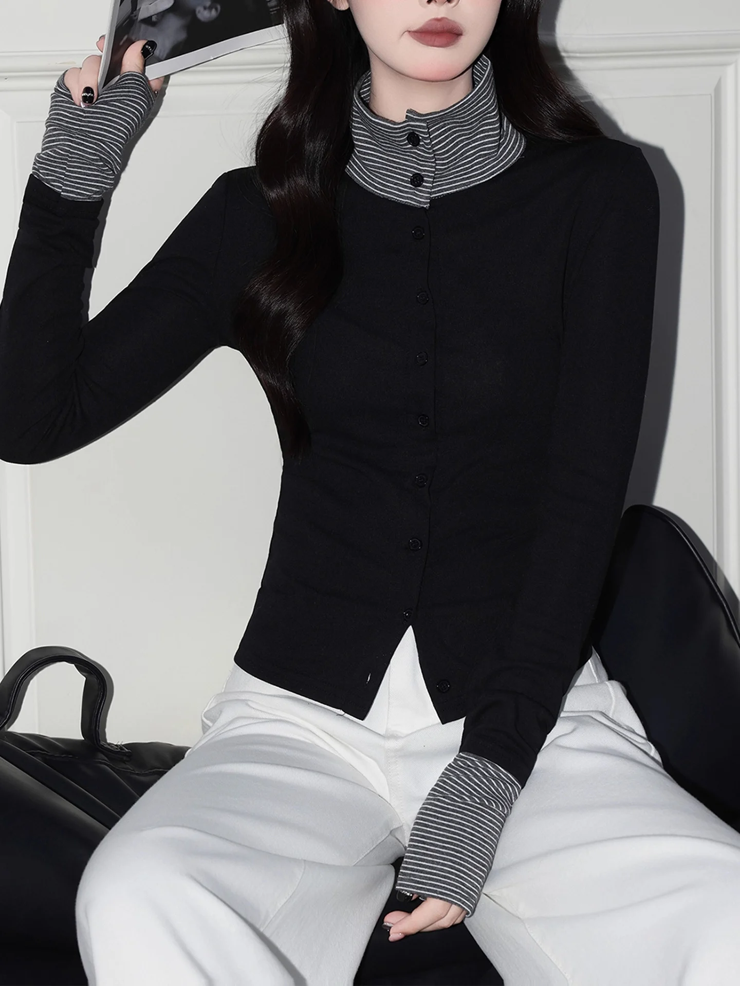 Coreano Sle Long Sve Striped Patchwork Camiseta feminina Slim Fit f Gola alta aberta Cardigan Base Top Faionable Winte...