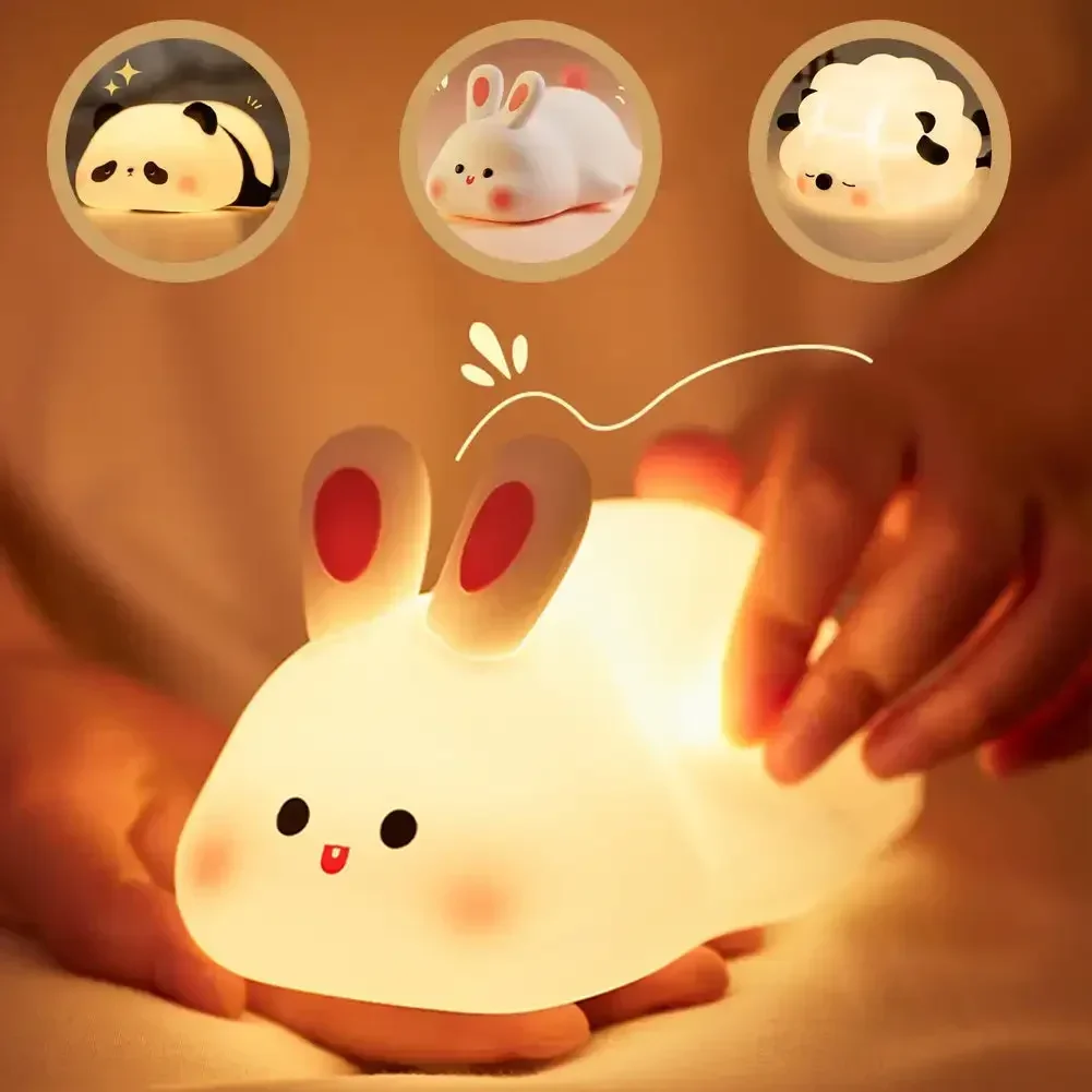 Cute Rabbit Silicone Night Lamp Touch Sensor Big Face Rabbit Pat Night Light Timing USB Rechargeable Light for Kids Gift