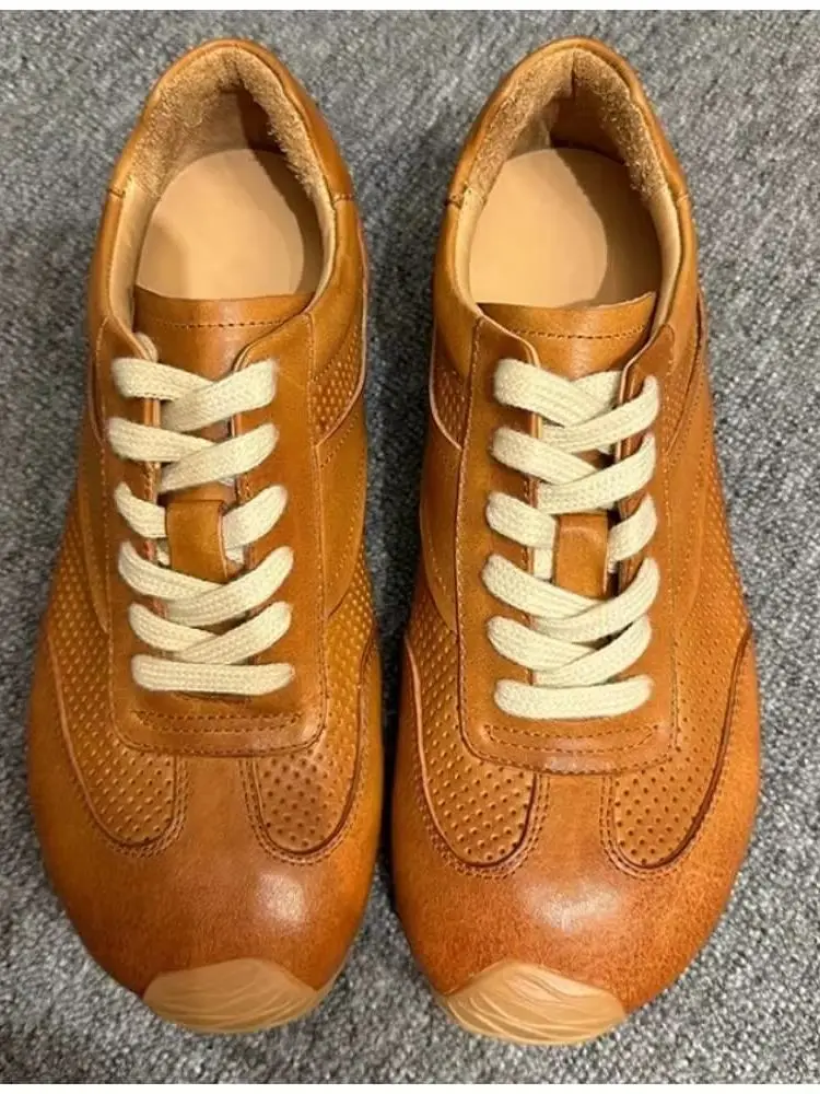 Vintage Caramel Perforated Leather Casual Shoes, with hand-stitched details and gum sole
