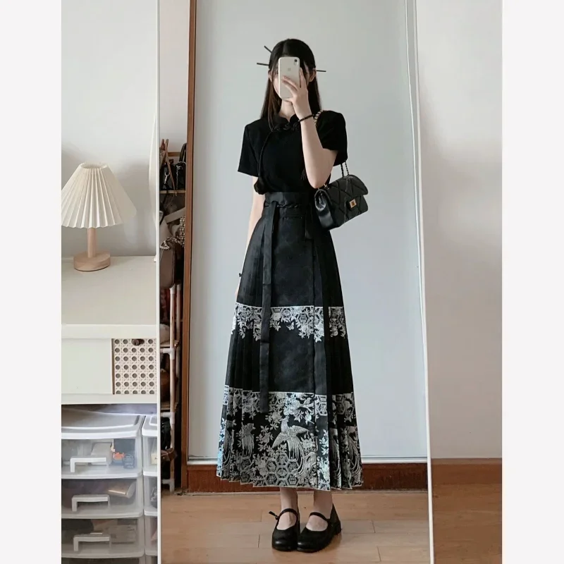 

Summer Elegant Black Hanfu Dresses Suit Short Sleeve Shirt Horse Face Skirt Female Chinese Dress Traditional Casual Clothing