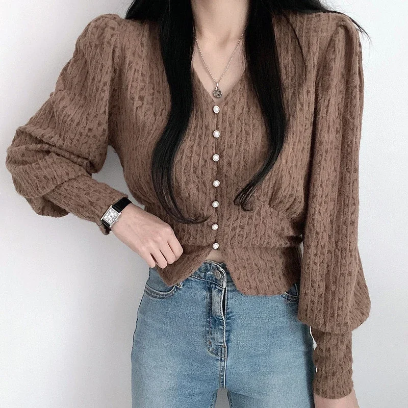 

Retro Shirt Women's Long-sleeved V-neck Single-breasted Solid Color Korean Fashion Chic Elegant Casual Top Button Up Shirt New