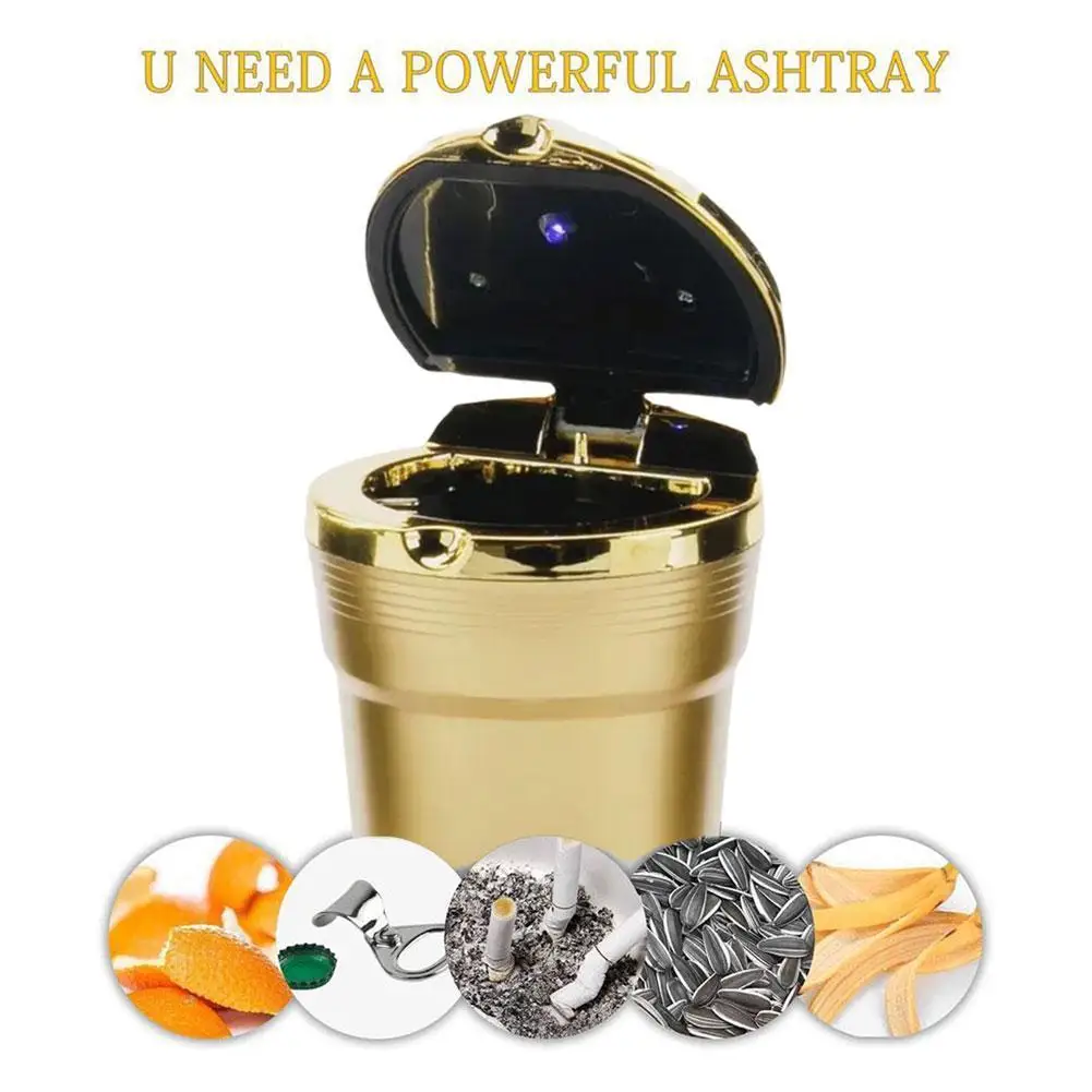 

1pcs Car Ashtray with Lid Smell Proof Stainless Steel gold Led Portable Ashtray Cup for Auto Fireproof Shell One Touch Open B2O5