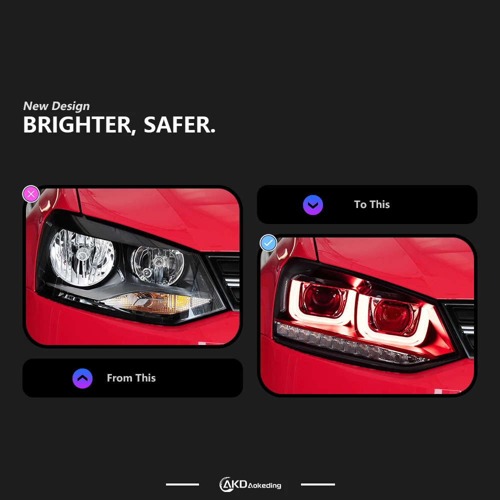 AKD Car Lights For VW Polo Headlight 2009-2016 Double U DRL LED Lens Vento Dynamic Signal Head Lamp Drl Automotive Accessories
