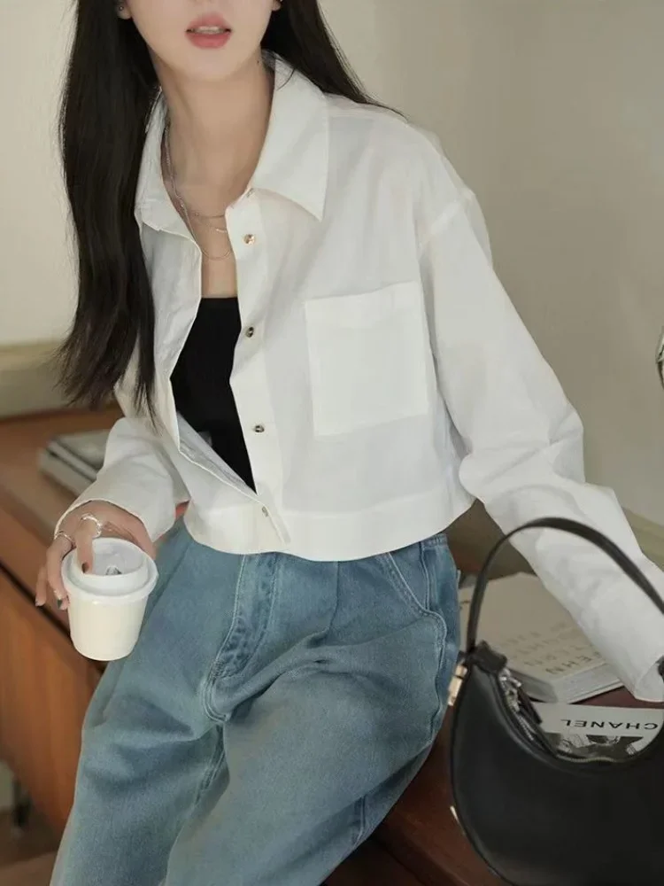 

Рубашки женские, однотонные укороченные топы, летние солнцезащитные, темпераментные, офисные, женские, нежные, модные, в корейском стиле, индивидуальный дизайн, универсальные