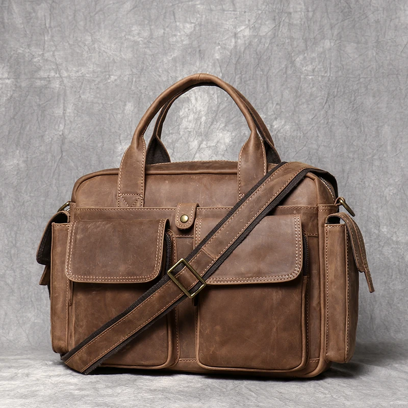 Leathfocus-Sac à main en cuir de cheval pour homme, sac à bandoulière pour ordinateur portable 12.8 pouces, vintage décontracté, business, Bomb Case