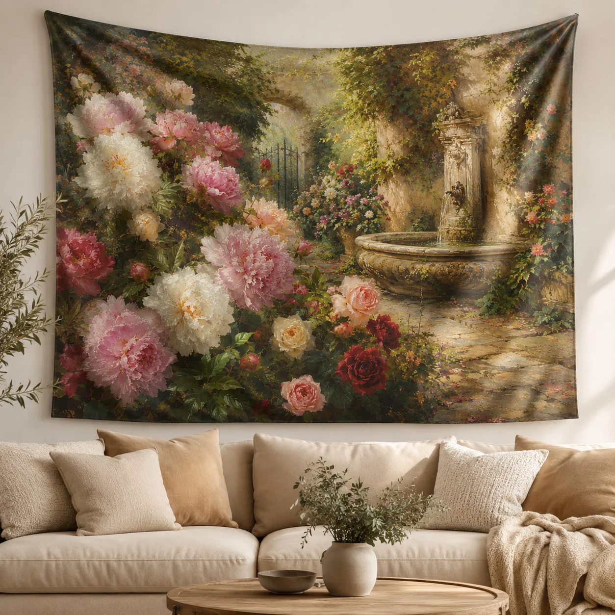 Vintage Peony Rose Garden Wall Tapestry Oil Painting Floral Fountain Wall Hanging for Bedroom Living Room Gift