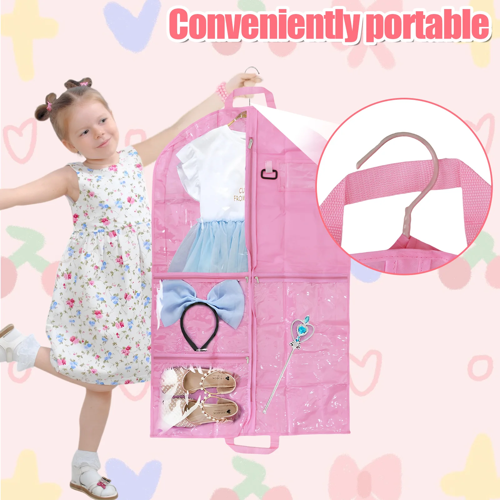 2Pcs Kids Dance Costume Dust Cover Bag with 6 Pockets Holds 3-5 Outfits Garment Bag Portable Hanging Clothes Storage with Handle