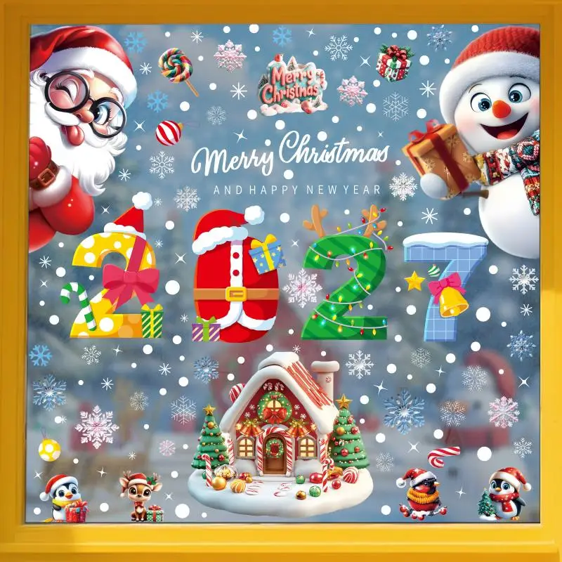 4/5 Sheets Snowman Reindeer Santa: Claus Christmas Tree Static Cling Decals 2027 Merry Window Stickers