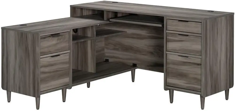 Clifford Place Modern L-Shaped Desk With Storage In Jet Acacia, Jet Acacia Finish