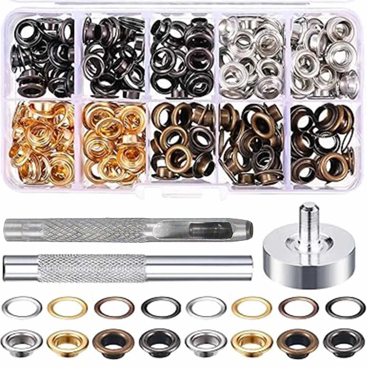 100/200/400Sets Mix 4 Colors 6mm 1/4inch Eyelets Metal Grommets with Washer Include 3 Pieces Install Tool Kit for Leather craft,