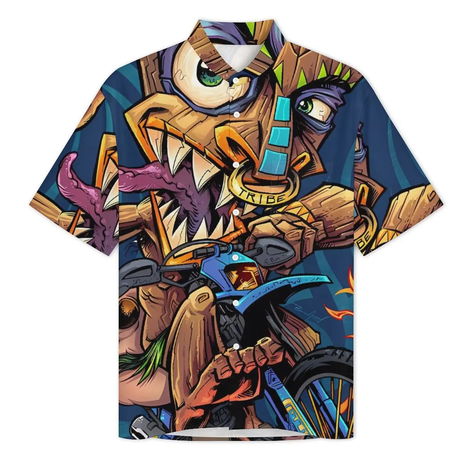 Tropical Tiki Mask Vacation Shirt Men Tiki Motocross Rider Novelty Casual Shirts Hawaii Short Sleeve Harajuku Plus Size Blouses