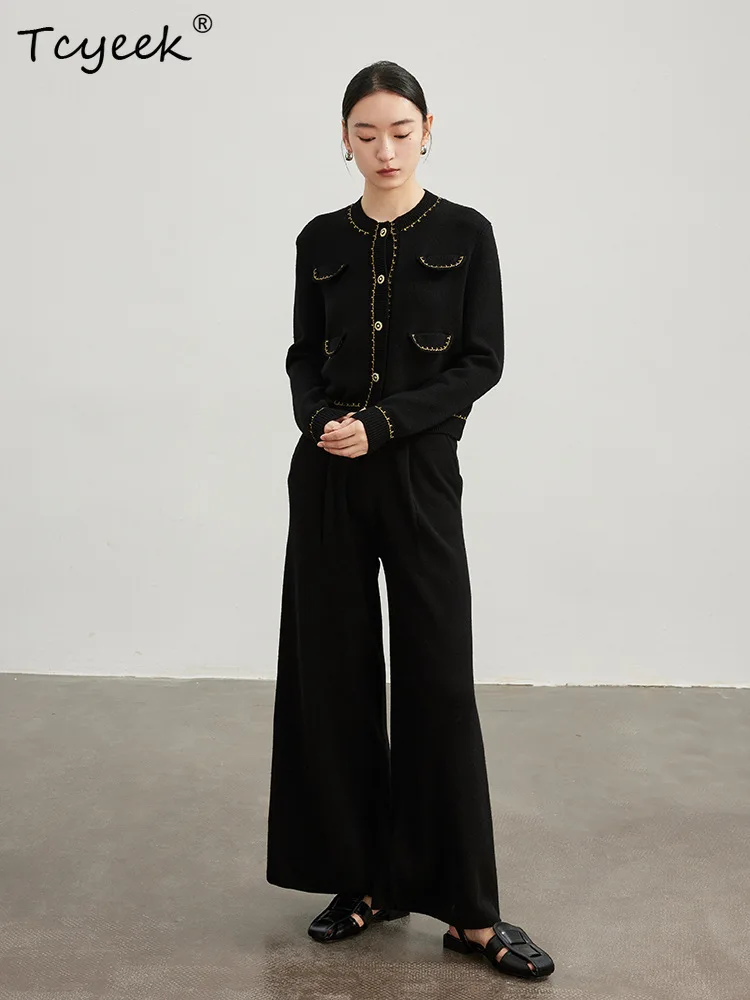 

Tcyeek, широкие брюки из овечьей шерсти 46,7% женские черные брюки с высокой талией, повседневные вязаные брюки в стиле ретро, осень-зима 2023, новинка B48136QM