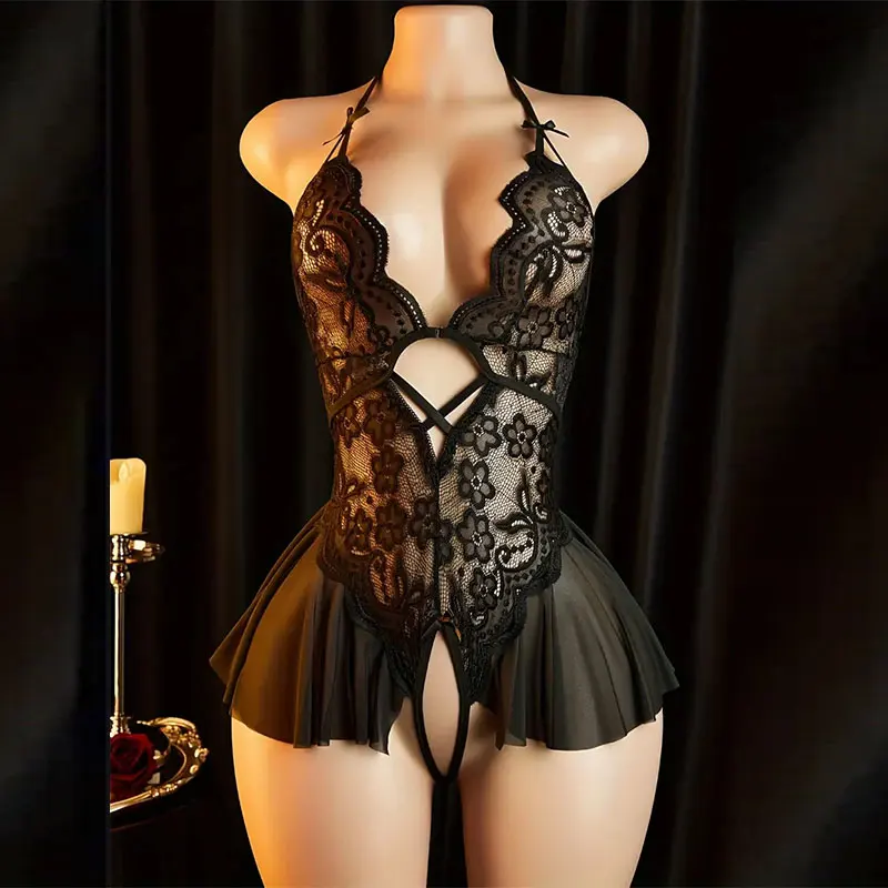 Crotchless Naughty Lingerie For Adult Women Sexual Bodysuit Lace Open Crotch Porn Baby-doll Dress Black Sexy Underwear Set