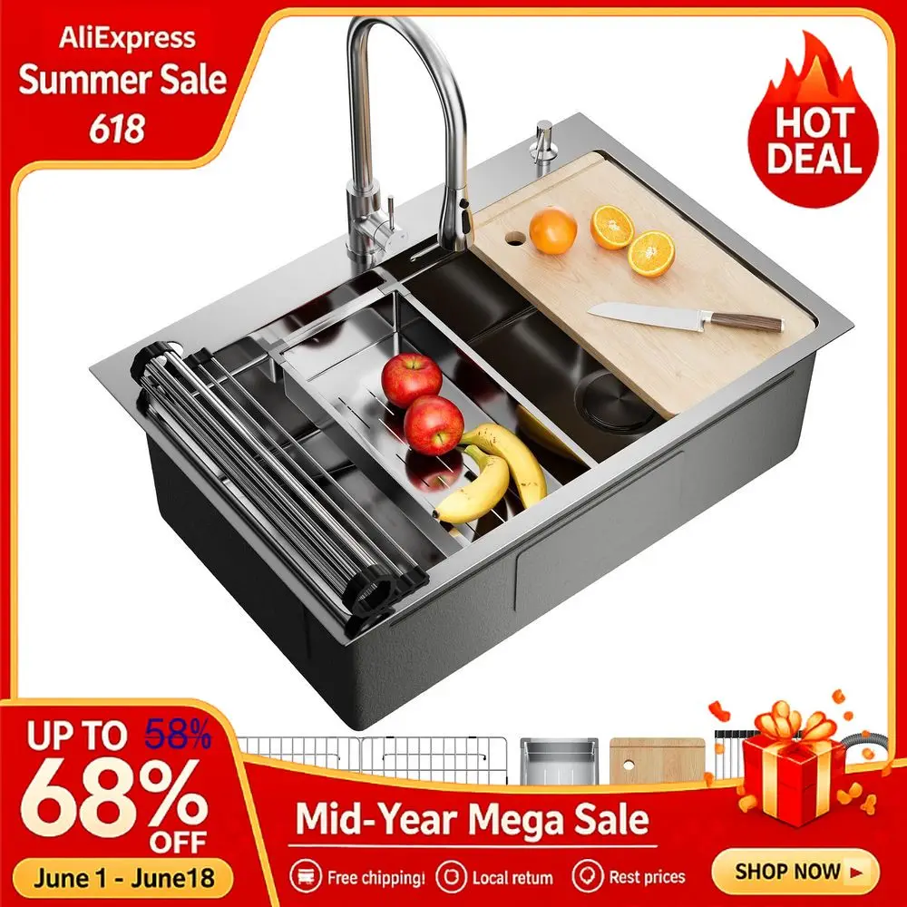 33X22 Drop In Kitchen Sink, 304 Stainless Steel Workstation Sink, PopUp Drain, Upgraded Fast Drain amp, Topmount Singl, Custom