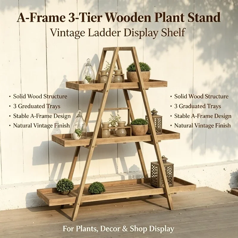 Rustic Wooden  Shelf Farmhouse Tiered Display Stand Vintage Ladder Bookcase for Flower Pot Photo Frame Collectibles Home Decor
