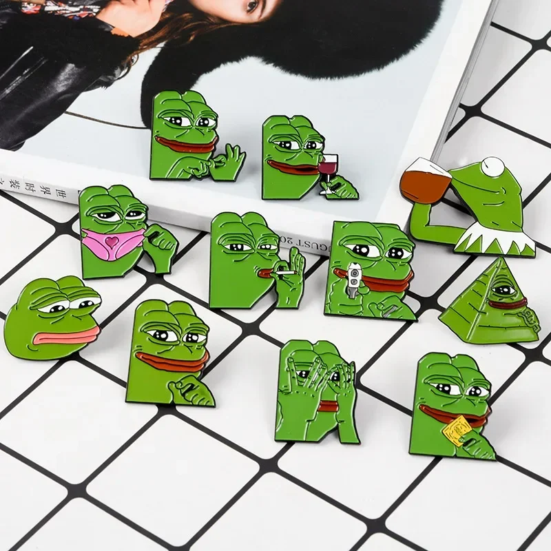 Cartoon Pepe The Frog Meme Enamel Pins Shooting Pyramid Thinking Drinking 10 Styles Animal Badge Brooch Jewelry Gift for Friend