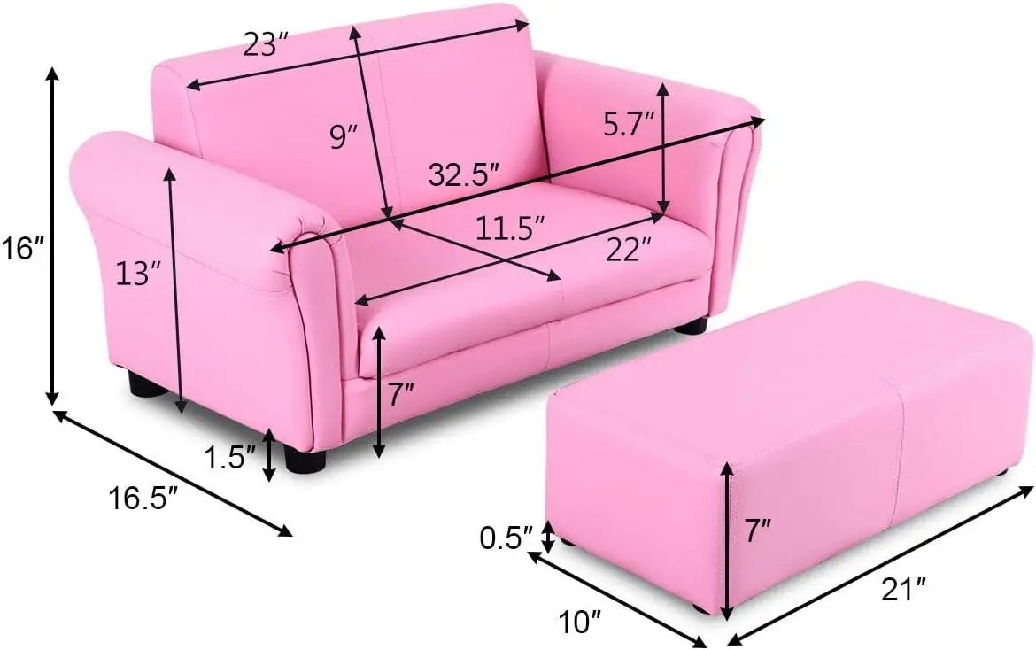 Kids Couch with Footstool, 2 in 1 Double Seat Children's Sofa w/PU Leather Surface, Armrest Chair Lounge, Soft Kids Sofa