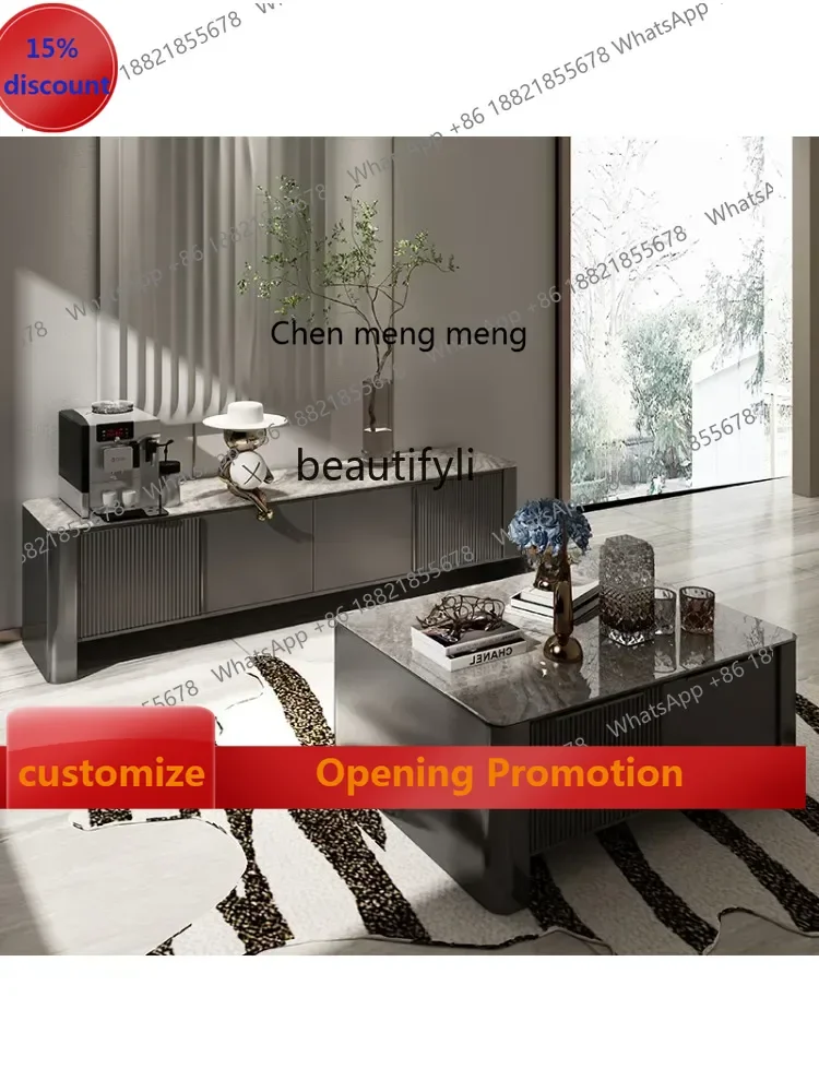 

S7486 ss Italian Solid Wood Coffee Table TV Cabinet Combination Light Luxury Living Room Tea Table Square Stone Plate Tea Table