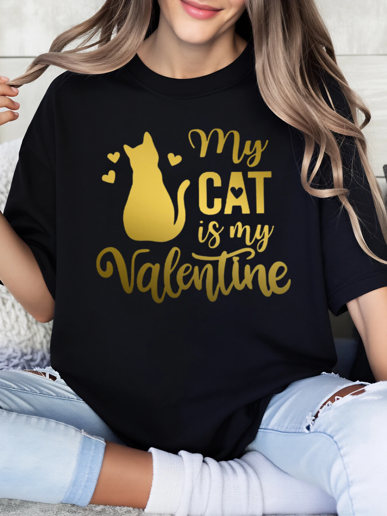 

My Cat Is My Valentine Print T-Shirt Valentine's Day Casual Top Women's Home Wear Black Plus-Size