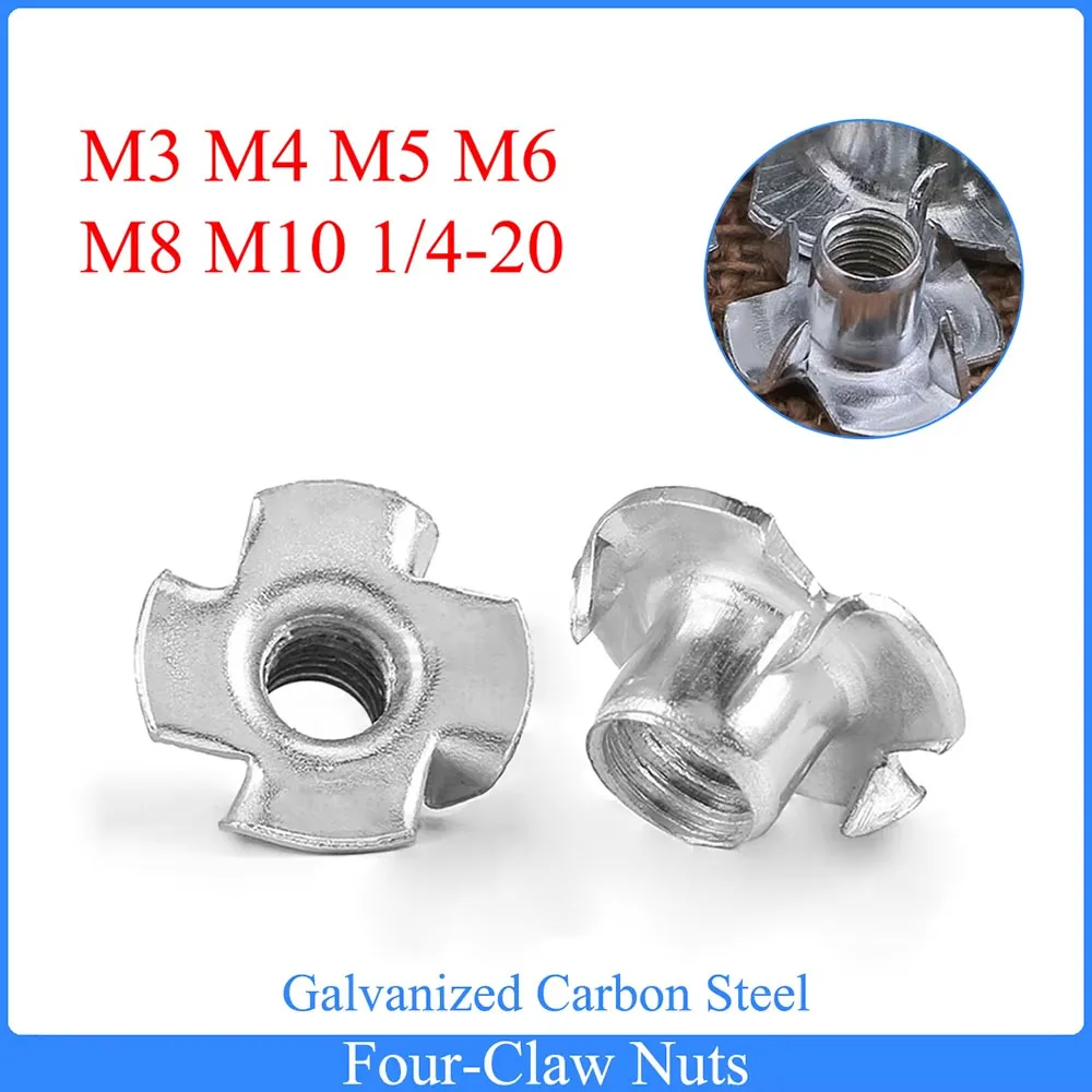 

Galvanized Four-Claw Nuts M3 M4 M5 M6 M8 M10 1/4-20 Carbon Steel Four-Point Impact Nuts Insert T-Nut for Wood Furniture Hardware