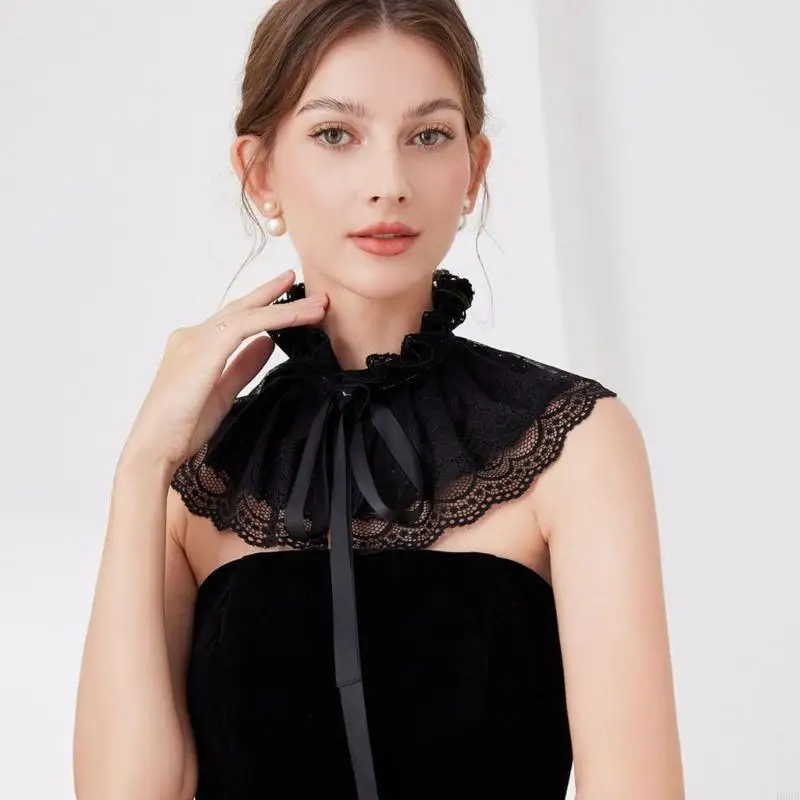 E56a ruffle renda berdiri kerah palsu dengan pita untuk wanita victorian leher terlepas ruff dekoratif selendang hitam cape