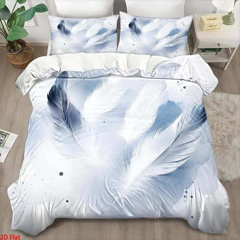 3Pc Nordic Style Feather Print Quilt Cover Set, Three-Piece Bedding Set (1*Quilt Cover + 2*Pillowcases), Modern Minimalist Light Luxury Style Double Bedding, Skin-Friendly, Breathable, Soft and Comfortable, Suitable for All Seasons, Invisible Zipper Quilted Duvet Cover, Easy to Clean and Durable, Wrinkle-Resistant, Machine Washable Bedroom Decor Bedding, Suitable for Home Master Bedroom, Guest Room, Student Dormitory, Cozy Home Large Bed Cover Set, Fashionable Printed Double Bedding Set 2D