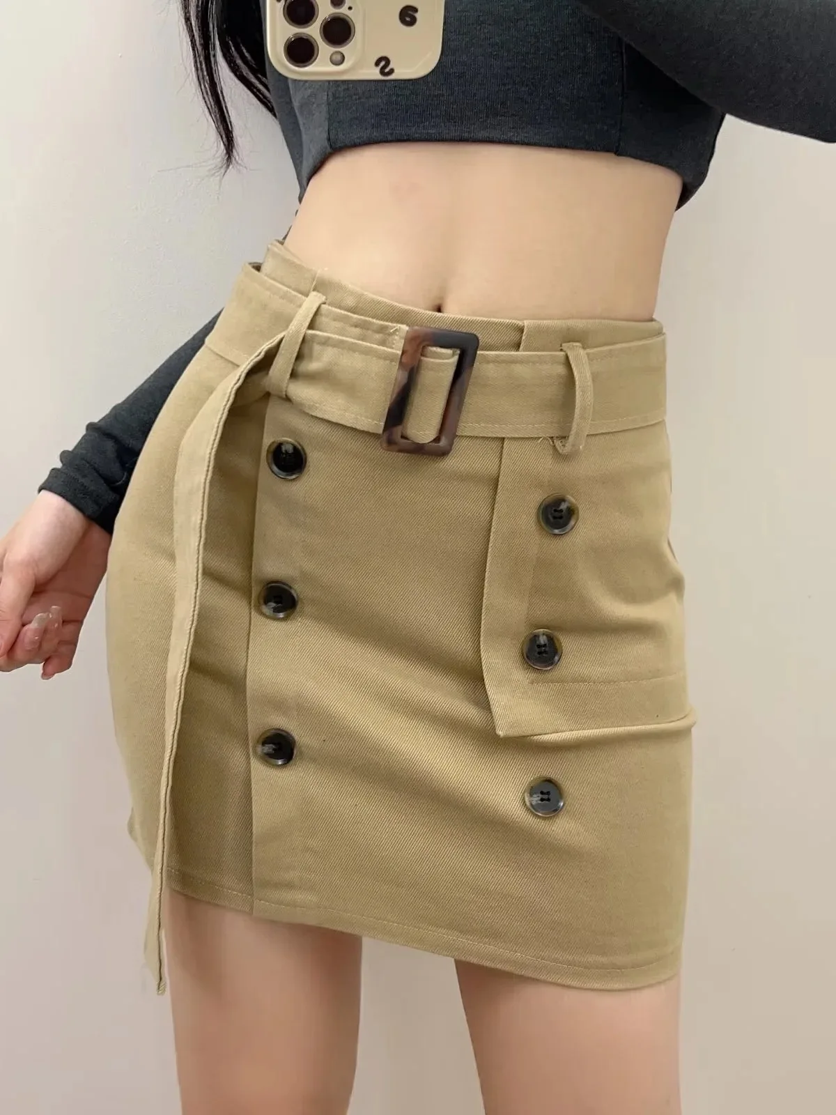 

Женская двубортная юбка до середины икры, пикантная короткая юбка в американском стиле с высокой талией, FBY6, новинка 2024