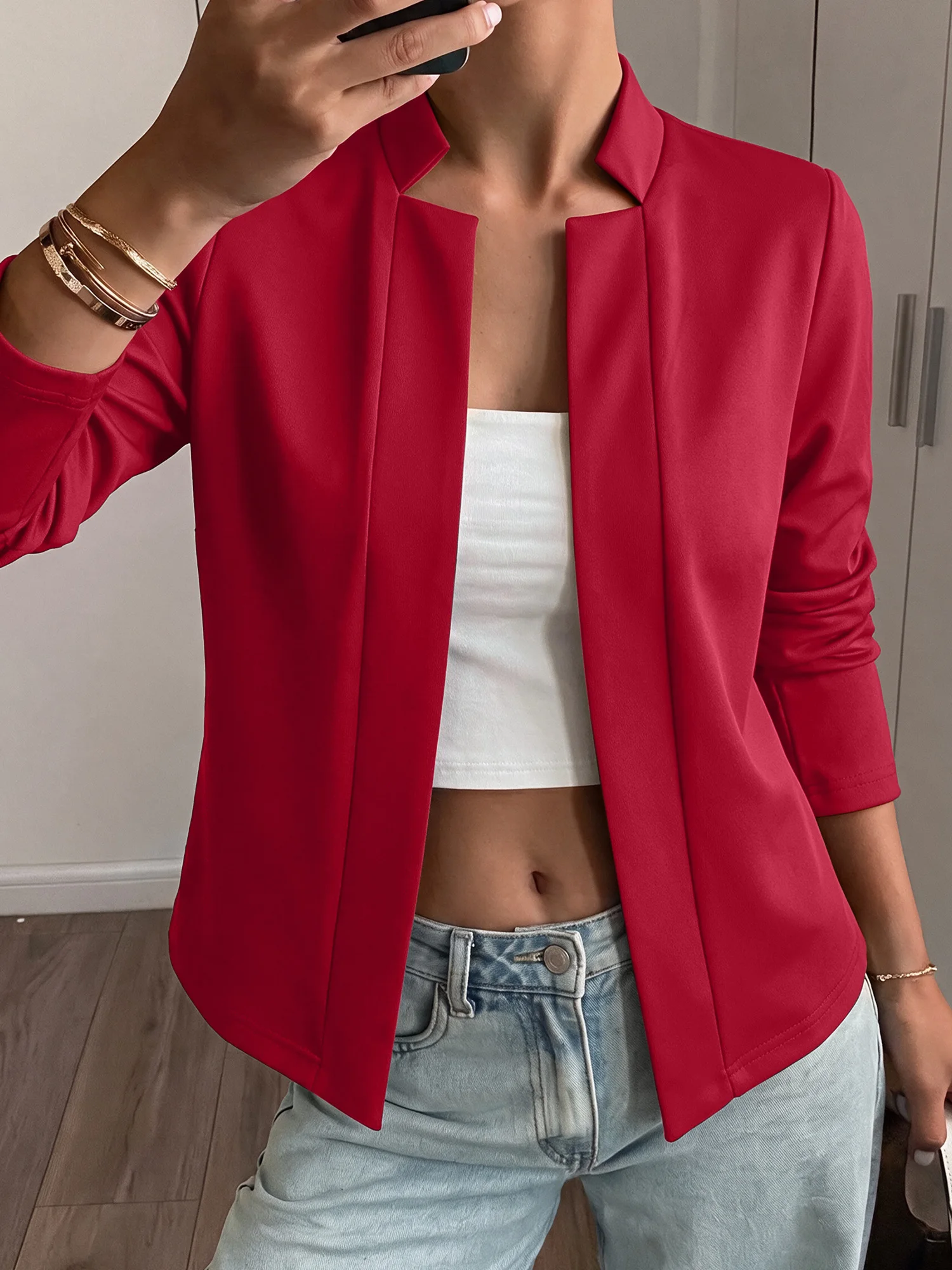 Women Solid Color Long Sleeve Open Blazer Stand Collar Slim Fit Elegant Business Casual Outer Jacket