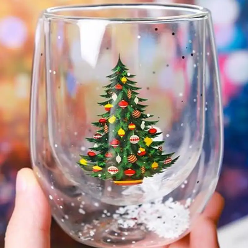 Christmas Double Wall Glass Cup Heat-resistant Water Cup Christmas Tree Snowman Pattern Juice Tea Milk Coffee Mug Xmas Gift